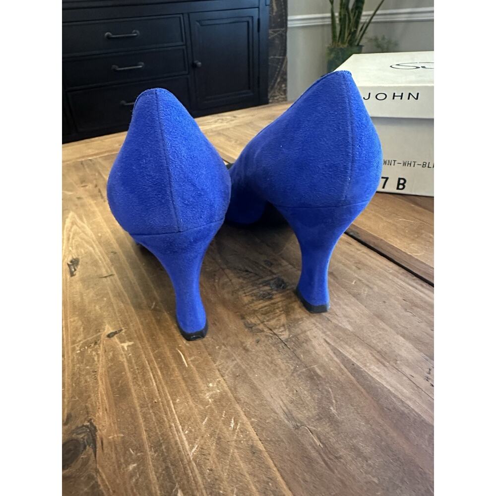 St John Size 7 High Heel Shoes Blue Leather Suede Designer St. John - Picture 5 of 9